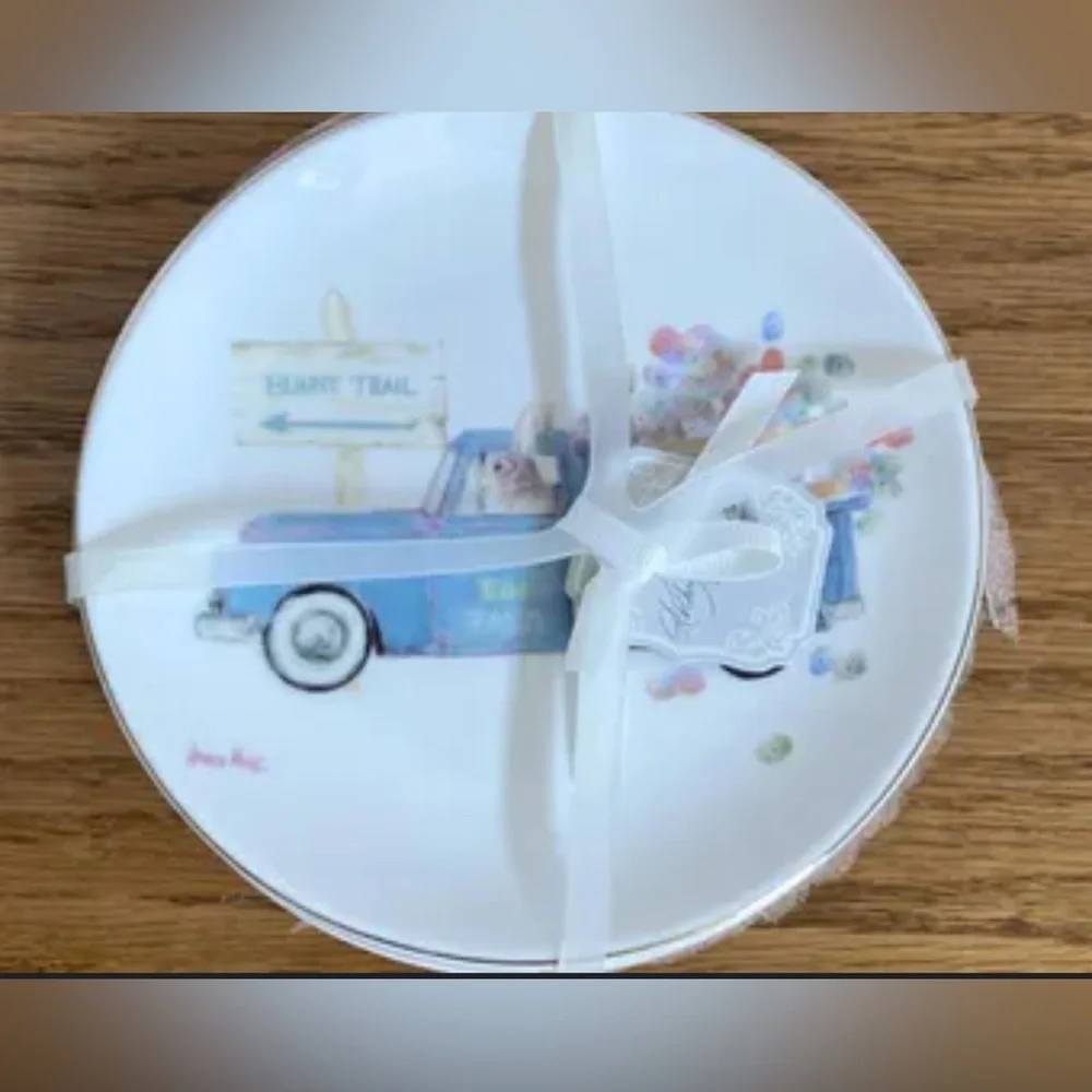 Kathryn White Fine Porcelain bunny happy trails Easter Plate set of 4